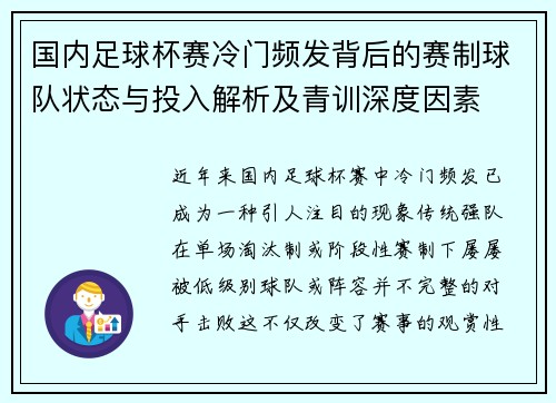 国内足球杯赛冷门频发背后的赛制球队状态与投入解析及青训深度因素